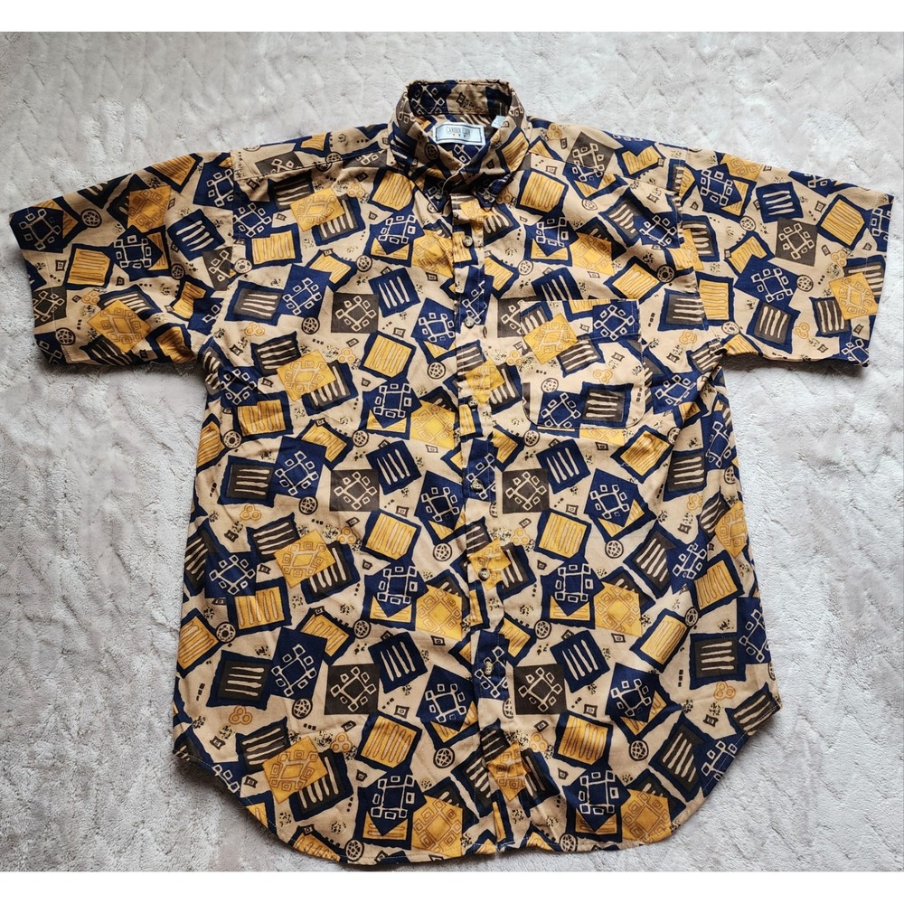 Career Club Vintage Short Sleeve Button Up Shirt Tan Navy Geometric Print Mens M